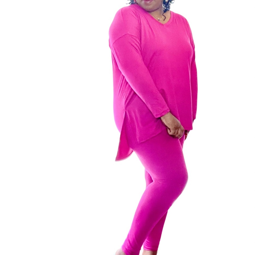Plus Size Microfiber Long Sleeve Microfiber Top Leggings Loungewear Set Magenta